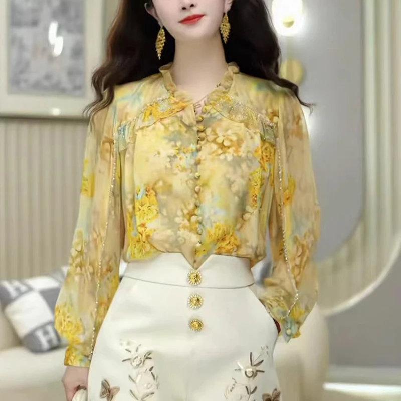 轻奢时尚印花立领长袖衬衫春季新款妈妈高档超仙气质优雅减龄上衣