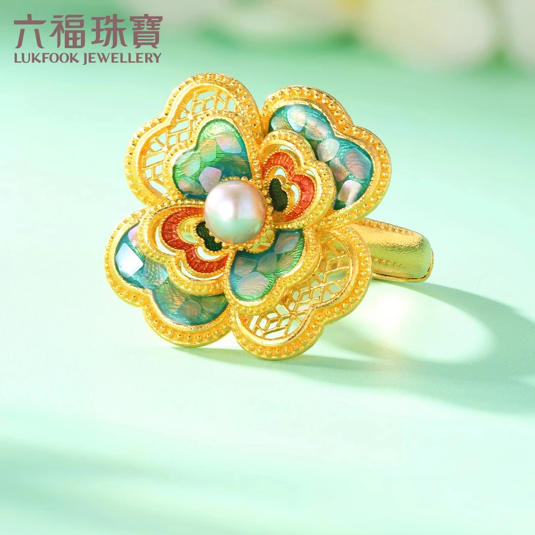 六福珠宝福满传家四叶草黄金珍 珠手工点螺戒指计价L17G0014DS