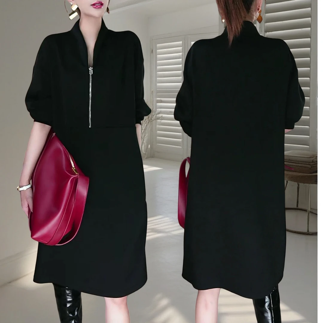 法式设计感纯色半拉链连衣裙女秋冬新款洋气宽松显瘦百搭中长裙子