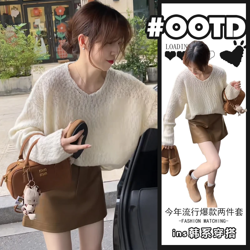 春秋一整套女装2025新款韩版套头针织衫圆领毛衣显瘦半身裙两件套