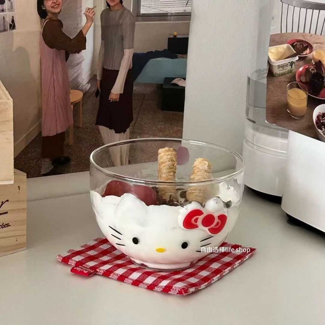 Kitty高硼硅水杯牛奶杯大容量复古卡通元素玻璃碗
