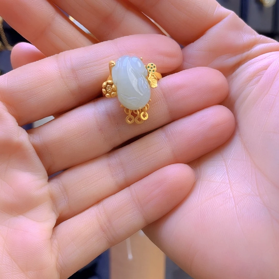 和田玉戒指银S925镀金镶嵌