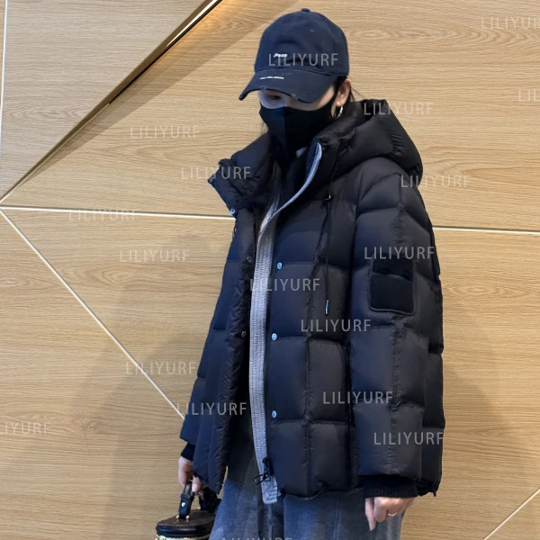 老板娘亲自播2025新款多色格纹设计加厚保暖针织拼色连帽羽绒服