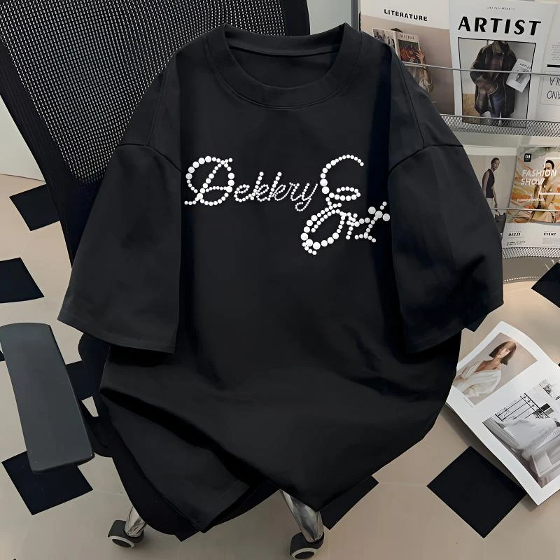 jtrt潮牌美式设计感珍珠字母夏季纯棉短袖t恤男女小众款圆领上衣