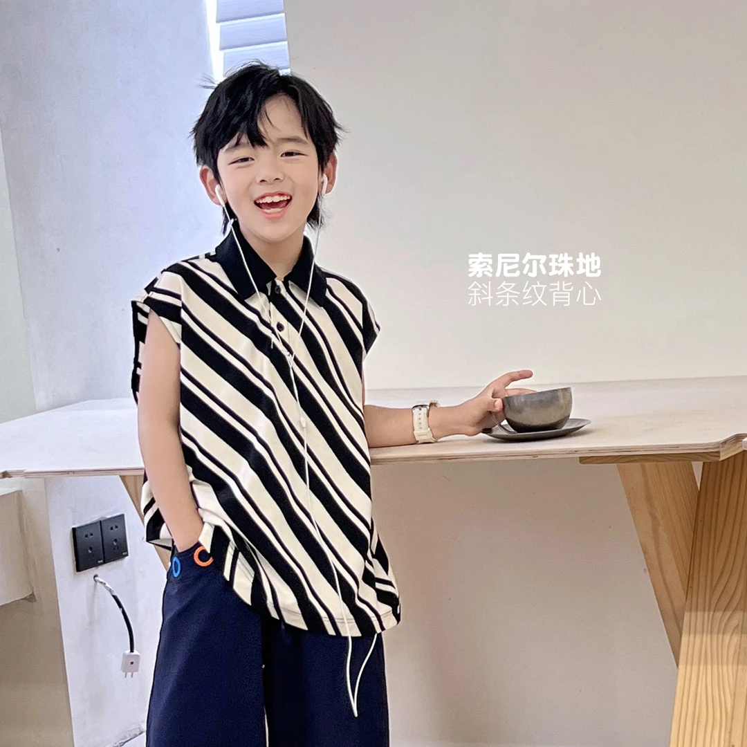 儿童清爽斜条纹无袖T恤夏装时尚洋气黑白休闲百搭5069752O8