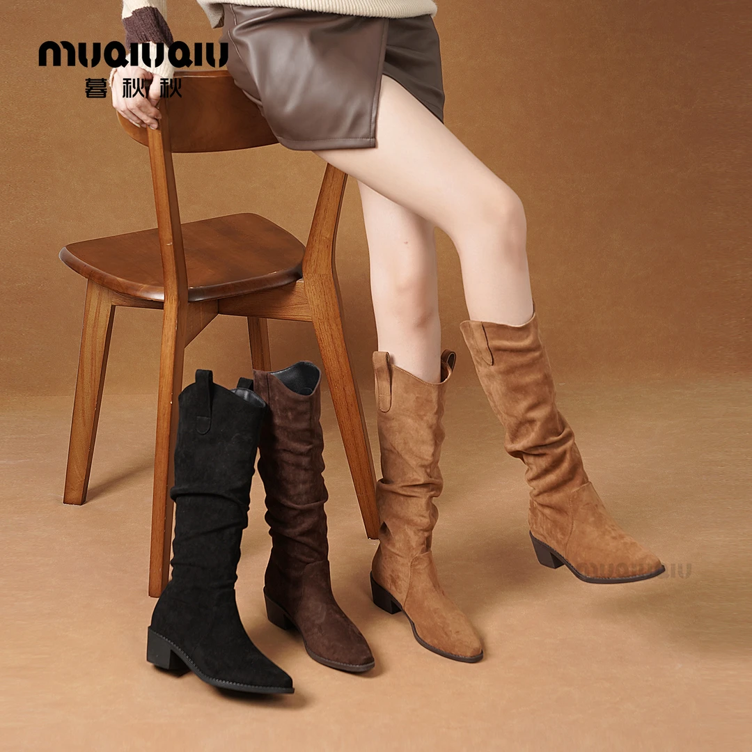 暮秋秋法式复古长靴女2025新款秋冬粗跟高筒骑士靴西部牛仔堆堆靴