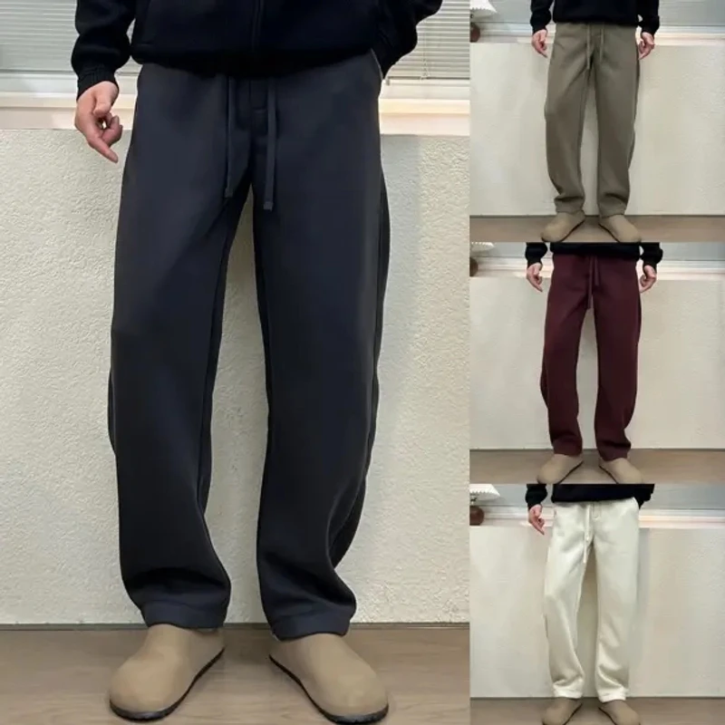 简约潮流男士纯色休闲裤春夏百搭弹力直筒显高街瘦系绳长裤男