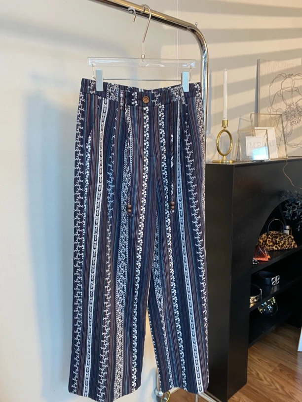 【MI.XI】波西米亚刺绣拼色条纹直筒裤73645