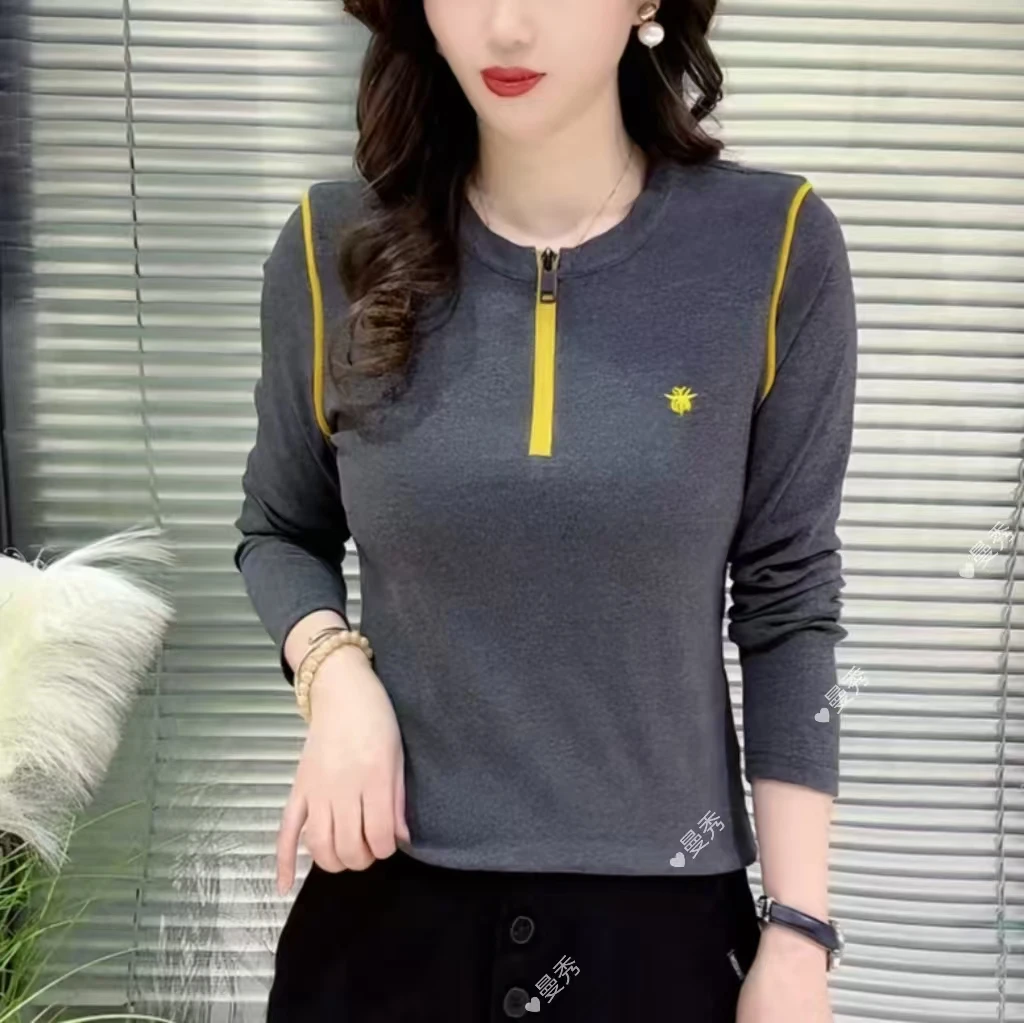 633款 春款韩版圆领半开门襟拉链拼色百搭显瘦洋气女士长袖上衣