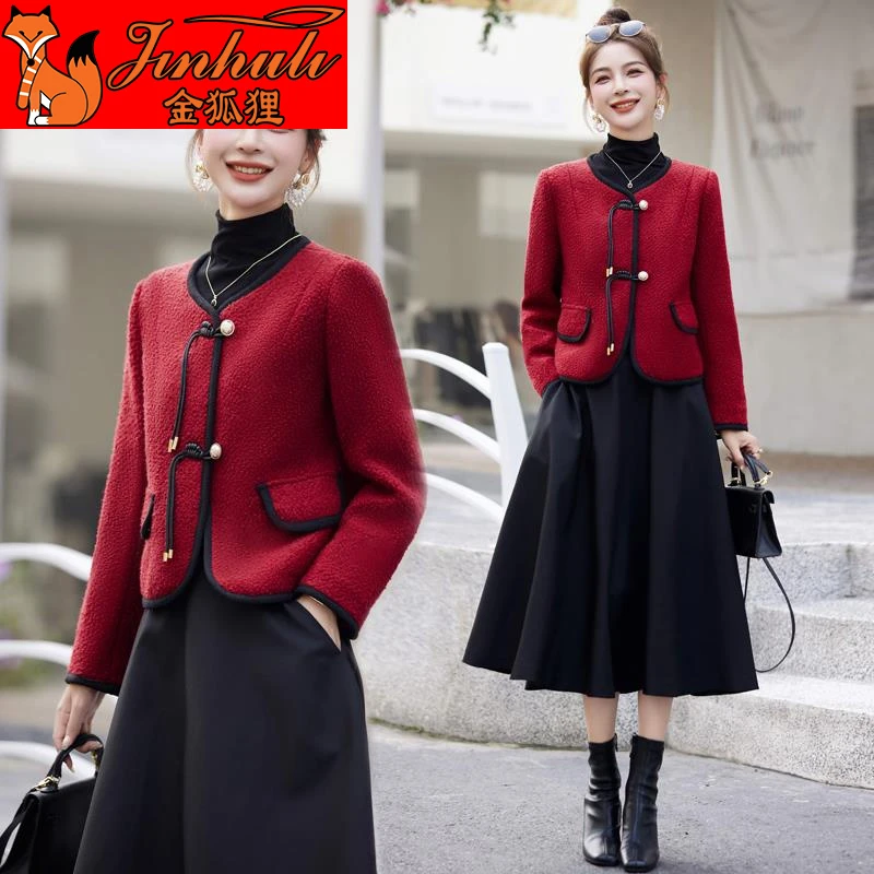 金狐狸小香风毛呢外套女2024新款秋冬小个子气质名媛高端短款羊