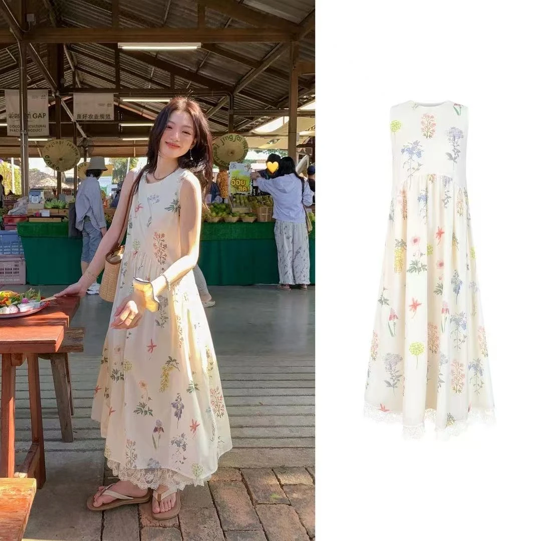 通勤蕾丝边植物印花背心连衣裙女小个子浪漫度假风显瘦碎花长裙子