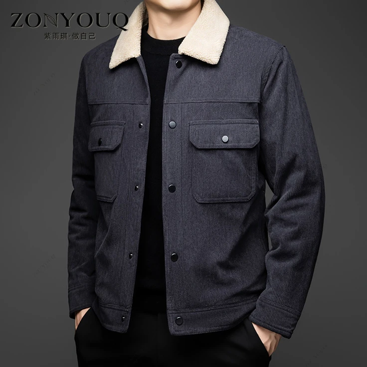 夹克男秋冬翻领灯芯绒加绒加厚保暖商务休闲羊羔毛绒工装百搭外套