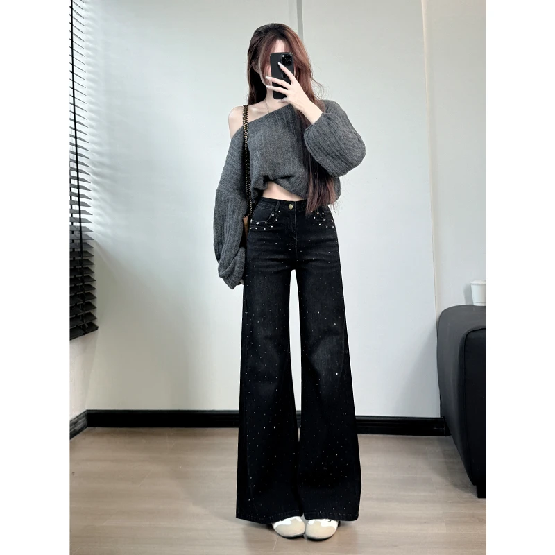 黑灰色烫钻不贴腿微喇叭牛仔小个子女2025秋季新款高腰宽松喇叭裤