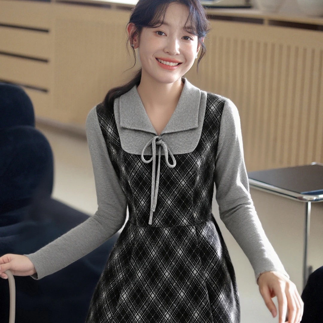 原水冬季收腰假两件复古格子长袖气质秋冬高知分子裙子25YS00445