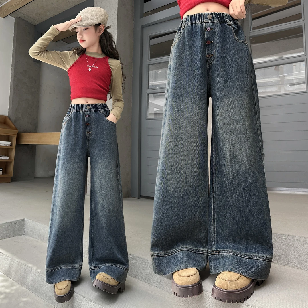 女童牛仔裤春秋新款9-15岁女孩窄版直筒裤子大童秋装时尚长裤外穿