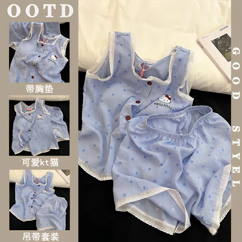 带胸垫睡衣女蓝色波点kt猫印花夏季新款可外穿甜美吊带家居服套装