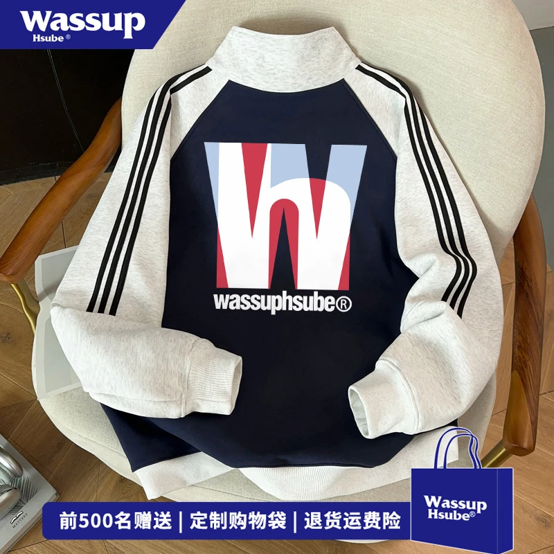 WASSUP HSUBE创意字母印花开衫卫衣男女秋冬休闲百搭宽松立领外套