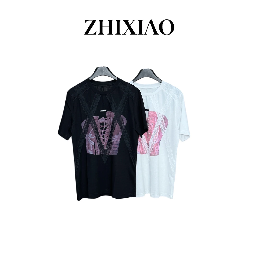 【ZHIXIAO】夏季新款：蕾丝边印花短袖T恤1627-1