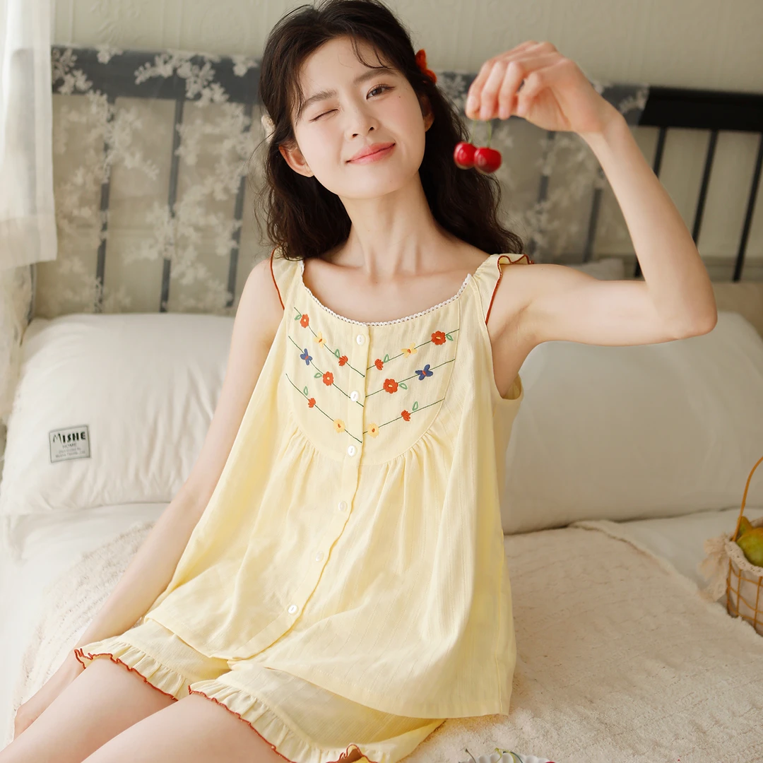 『玛格丽特』富朵夏季吊带睡衣女纯棉纱布无袖背心甜美刺绣家居服