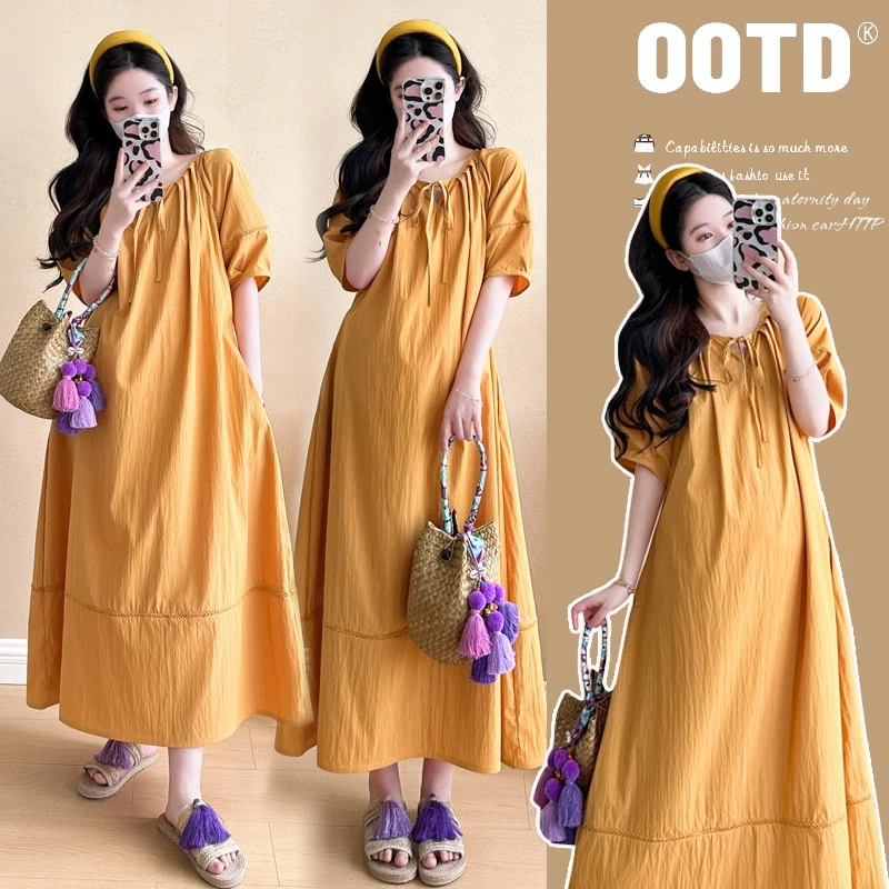 孕妇装2025夏季新款时尚韩版多巴胺灯笼袖气质显瘦V领系带连衣裙