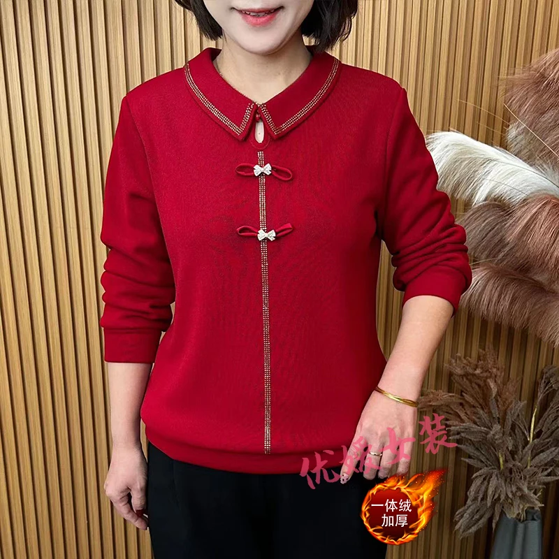 2024秋冬新款翻领烫钻蝴蝶结加绒显瘦洋气妈妈装长袖上衣 A8639