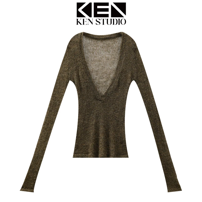 KEN STUDIO美式辣妹深V领透视长袖针织衫女修身显瘦性感罩衫上衣
