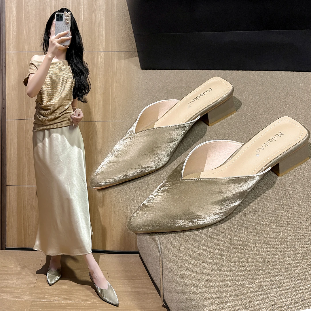 羊皮高端定制流光新中式国风2025新款百搭尖头包头半拖鞋外穿凉拖