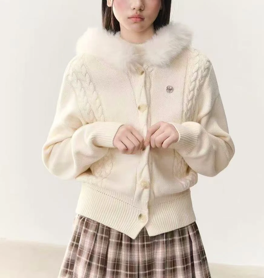 保暖毛毛领连帽开衫休闲百搭立体绞花显瘦毛衣外套软糯针织上衣