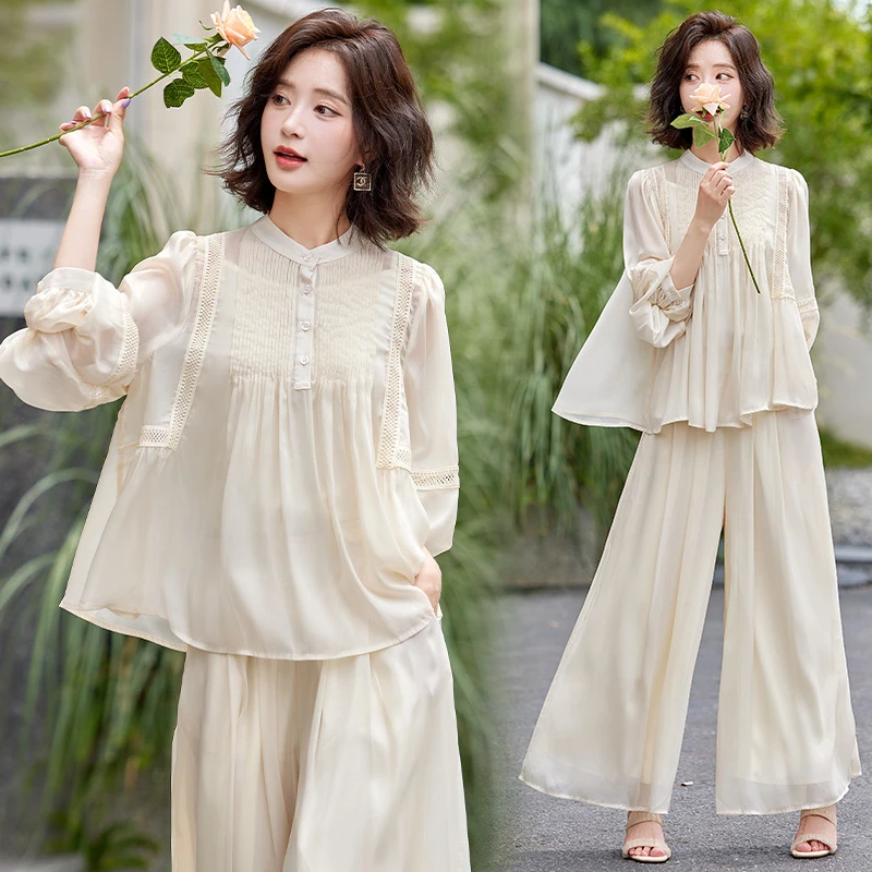 仿桑蚕丝小香风裙裤套装女2025新款夏季时尚洋气独特飘逸三件套