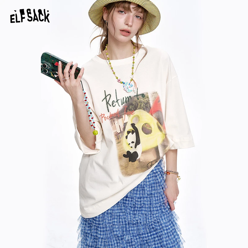 5128【金拐子】妖精的口袋白色熊猫印花短袖t恤女春新款休闲宽松