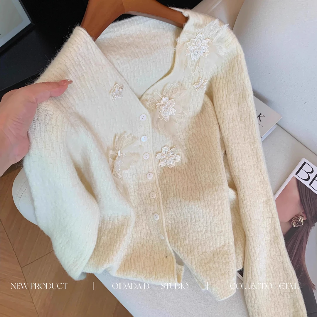 早秋季高端重工钉珠小香风气质针织开衫女高级感时尚显瘦毛衣外套