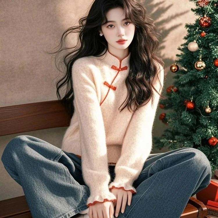 今年流行爆款慵懒高级感超好看韩系奶呼呼软糯杏色新中式针织毛衣