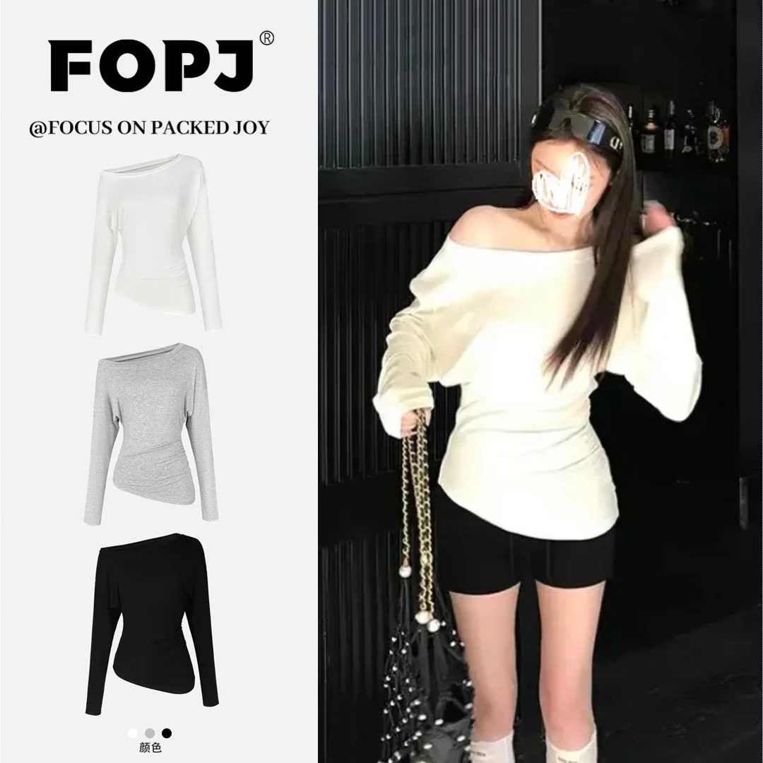 FOPJ韩系简约一字肩辣妹百搭修身斜肩纯色T恤女春夏长袖休闲上衣