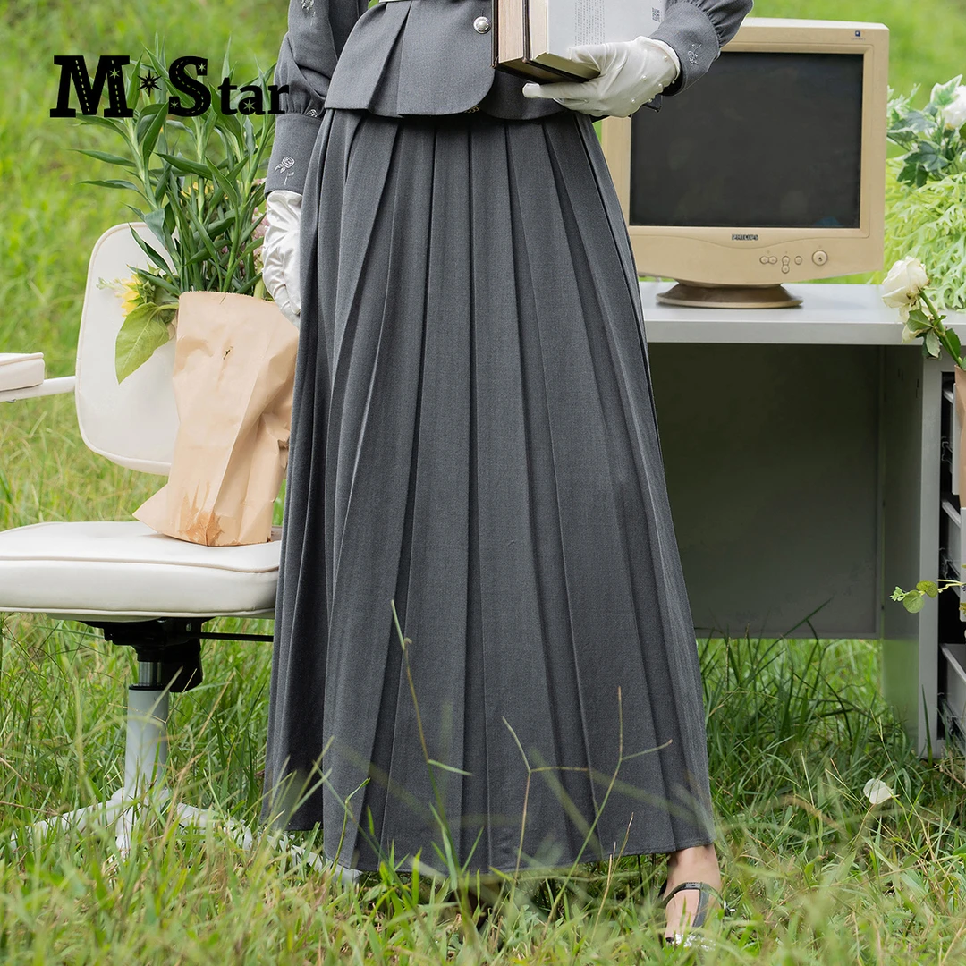 M-Star春季高腰压褶长半身裙显瘦裙子女装百搭气质休闲SFEQ111610