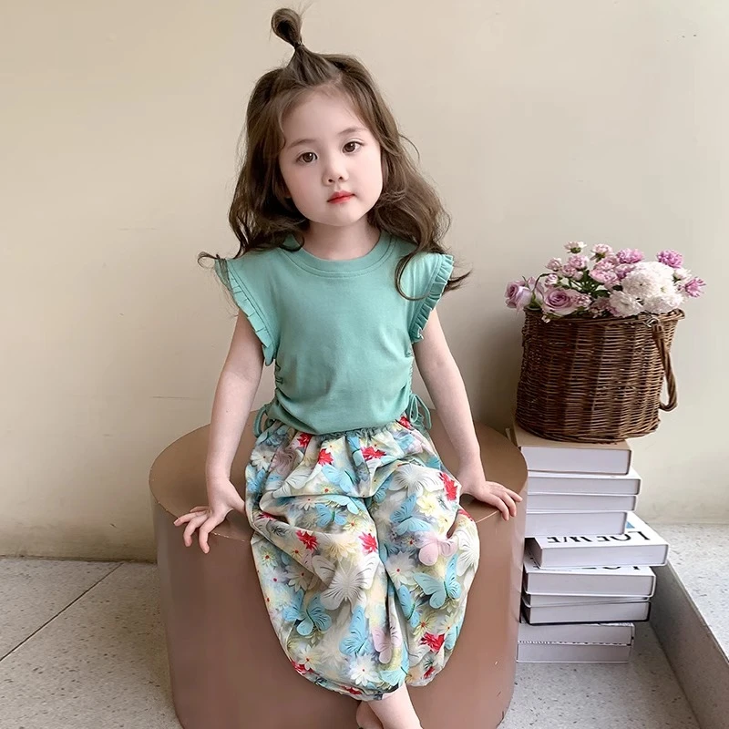 女童飞袖背心套装2025夏季新款儿童洋气无袖T恤碎花防蚊裤两件套