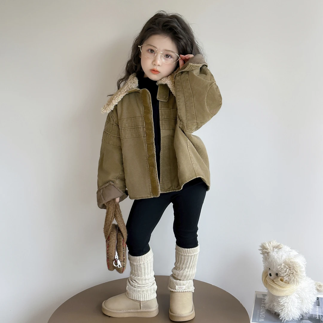 女童翻领牛仔外套秋冬季2025新款韩版洋气女宝宝加棉保暖冬装上衣