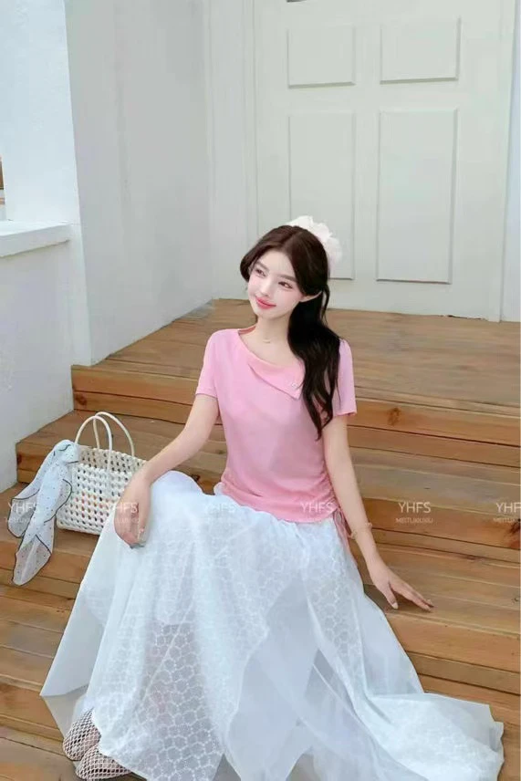 夏款时尚下摆抽绳斜领短袖上衣813