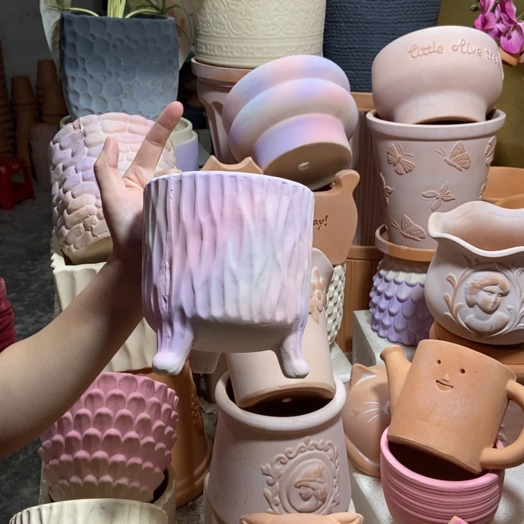 13×14彩色三脚树纹 粗陶1个