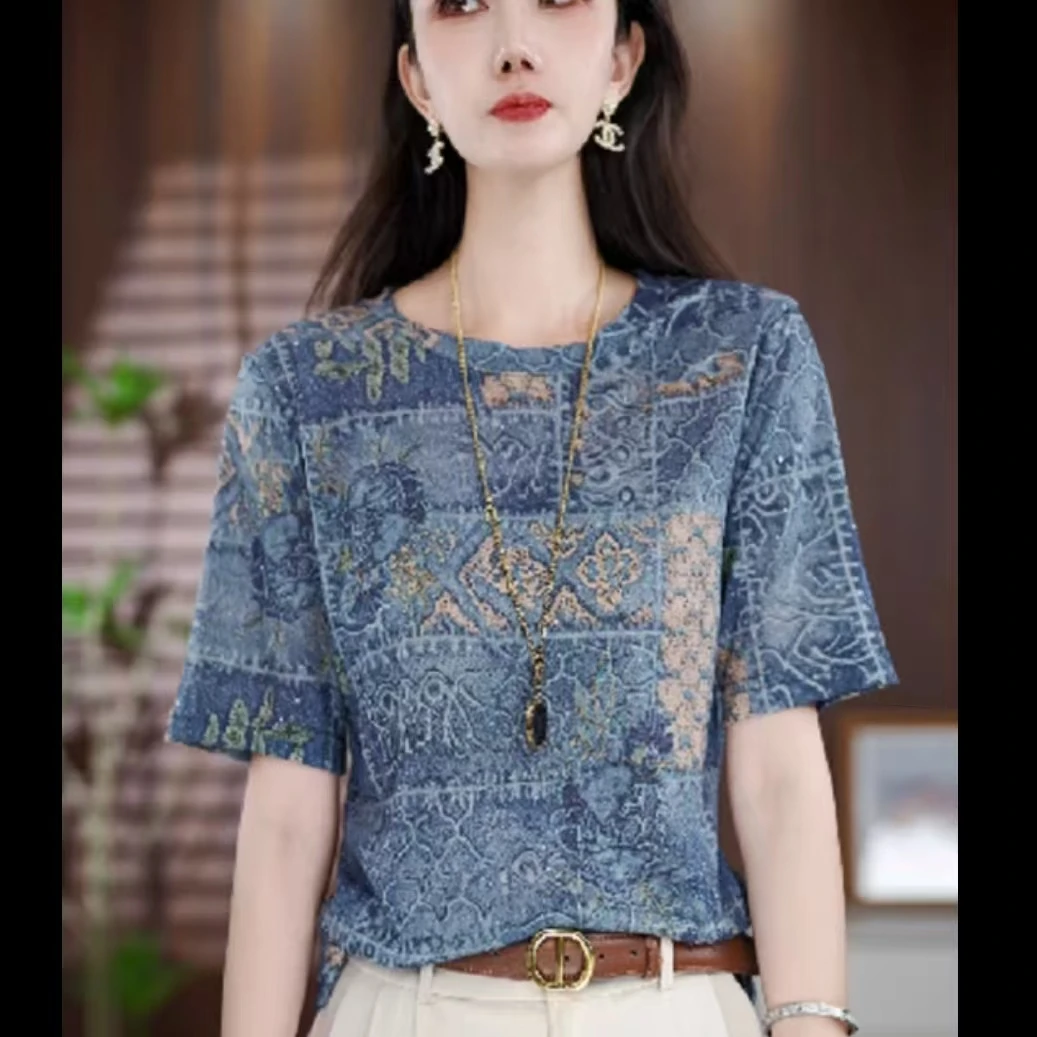 Y200新款时尚百搭气质宽松减龄短袖上衣打底半袖显瘦牛仔洋气短款