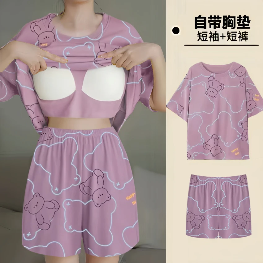 睡衣带胸垫一体可外穿夏天新款甜美卡通孕妇睡衣女夏季套装家居服