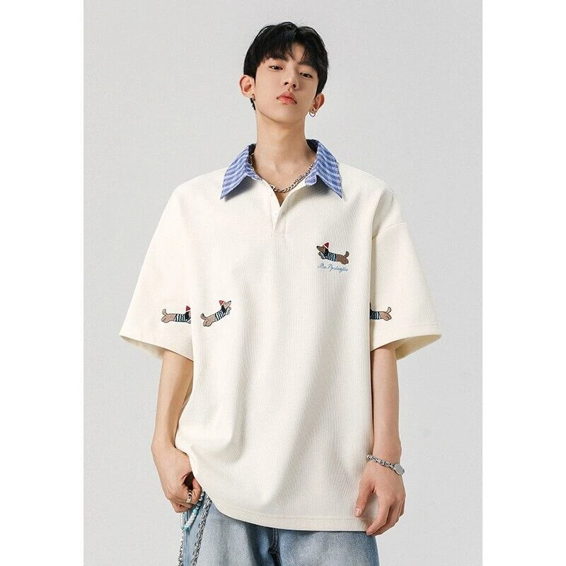 华夫格刺绣腊肠狗格子港风翻领大码短袖T恤男T