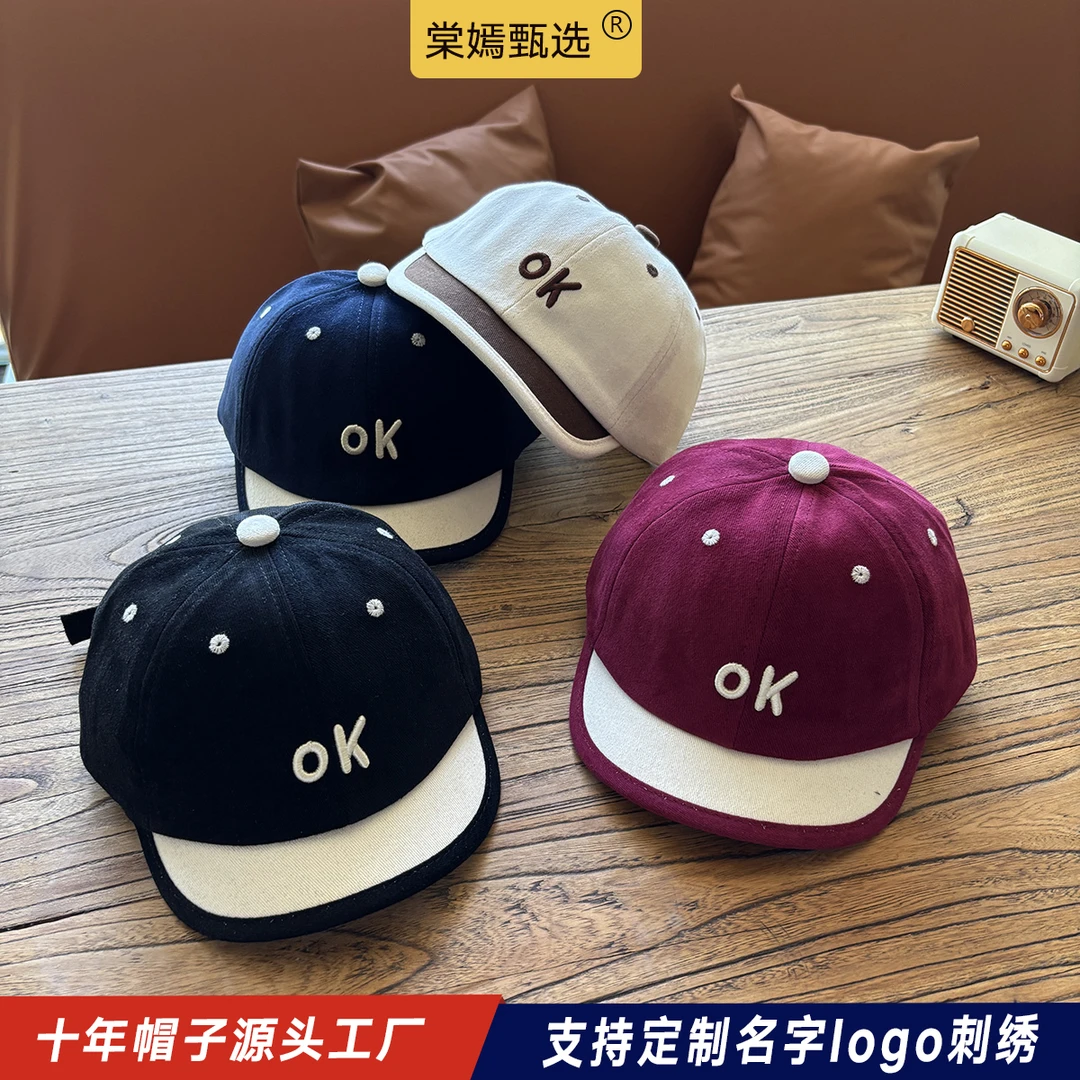 宝宝帽子男秋冬新款ok刺绣短檐雪花棉质儿童棒球帽百搭幼儿鸭舌帽