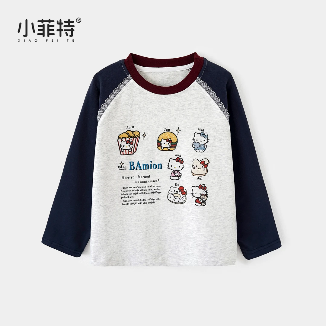 小菲特女童秋装新款长袖T恤拼色印花圆领针织儿童打底衫XFYQ53461