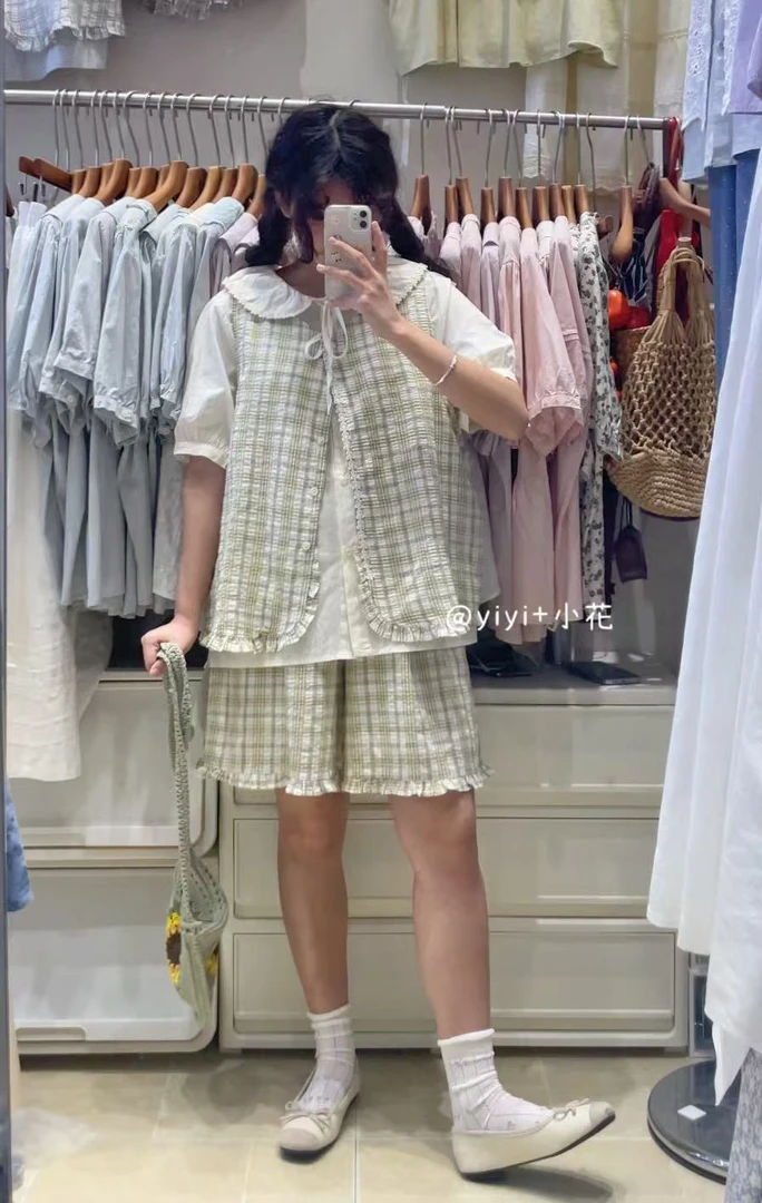 XH（8568）森系格子马甲套装 FL