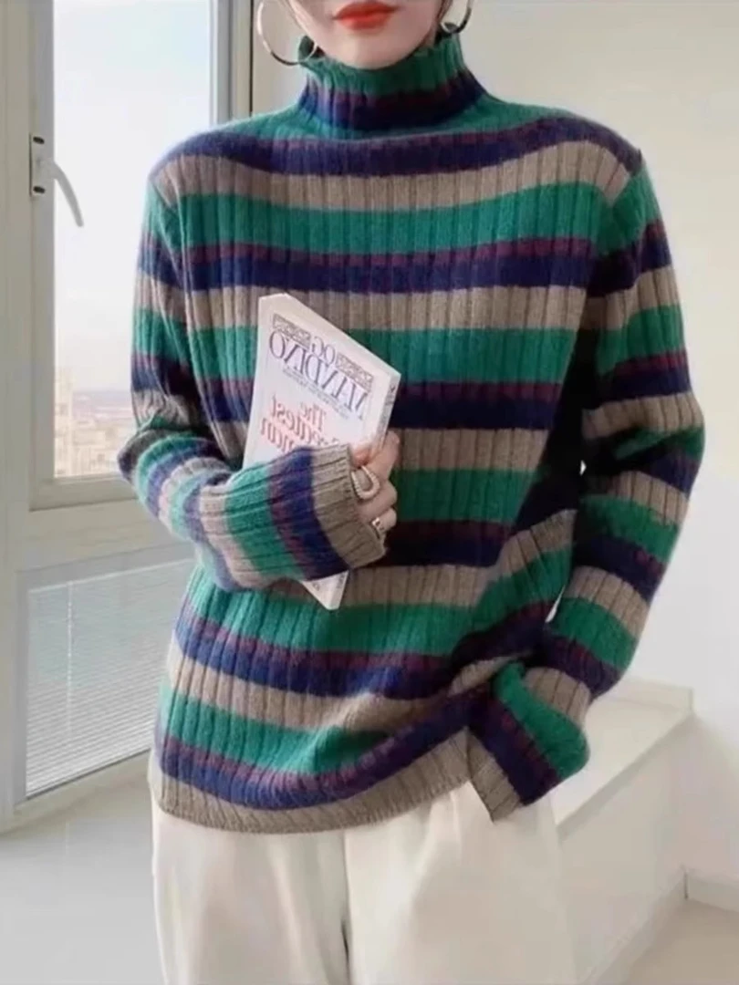 条纹打底衫女半高领保暖秋冬加厚内搭外穿套头百搭毛衣针织衫上衣