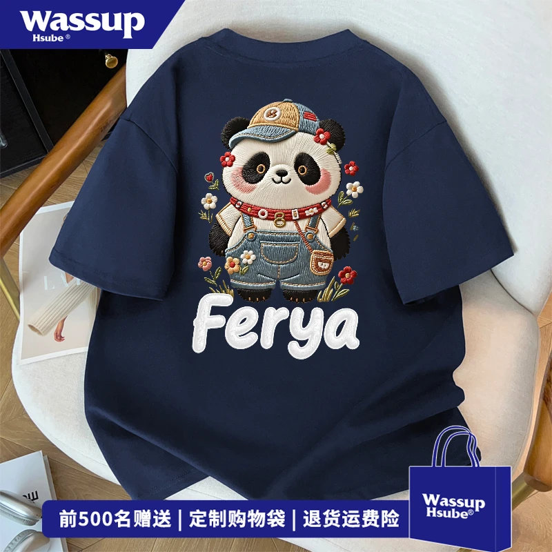 WASSUP HSUBE国潮牌卡通熊猫印花短袖男女夏季百搭T恤藏青色上衣