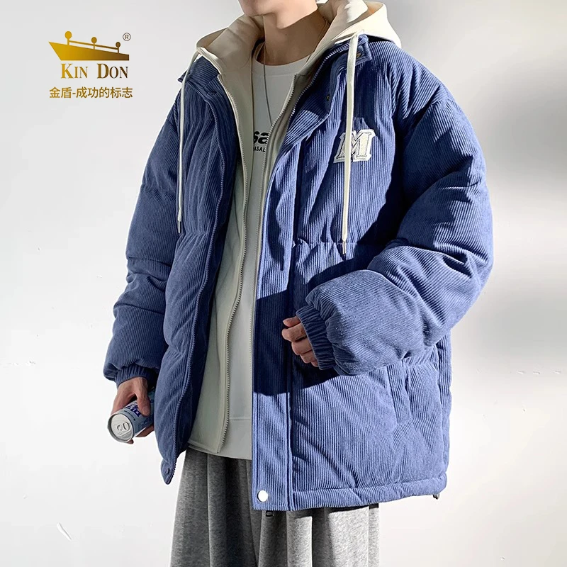 金盾冬季外套男款加绒加厚灯芯绒棉服青少年中学生假两件连帽棉衣