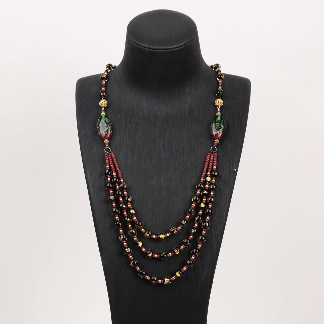 合金项链 玉楼东合金项链 LZ2293 三层觉沃珠红绿扁珠琉璃项链