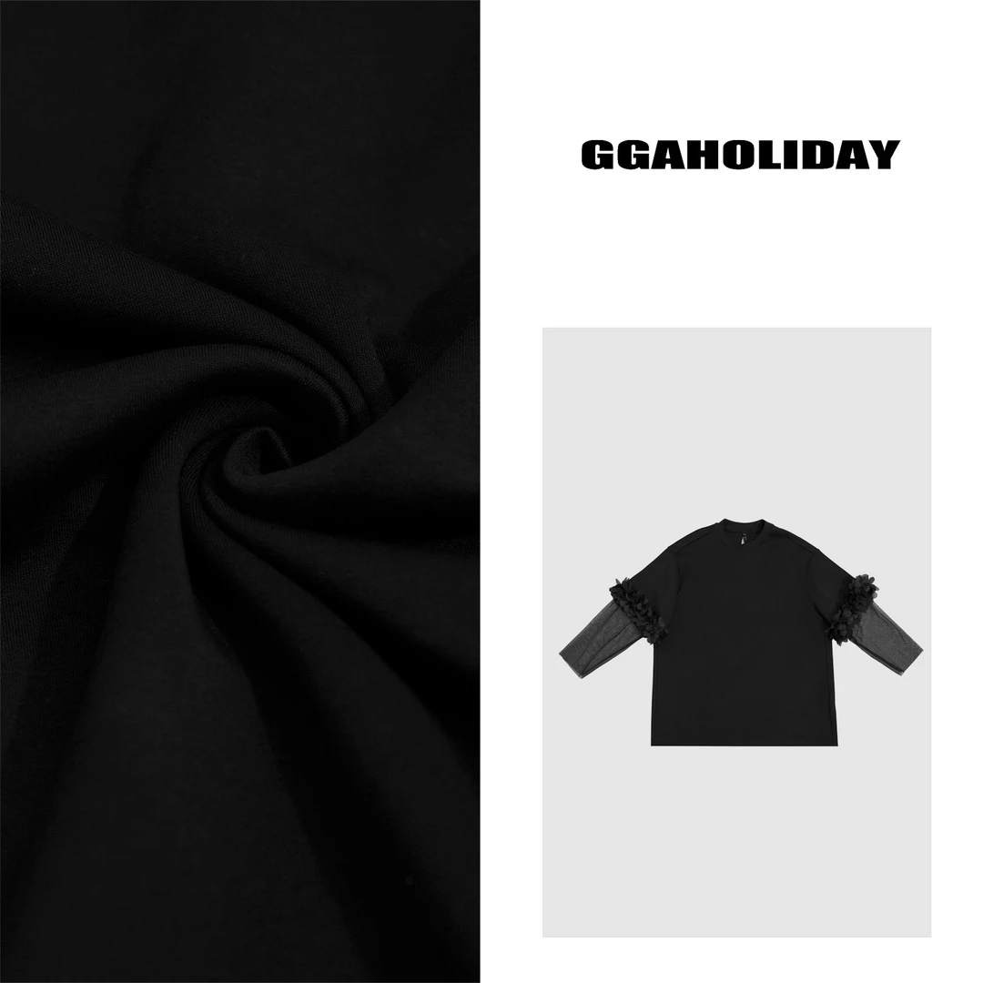 GG25新款花苞袖口拼接网纱纯色T恤-152329