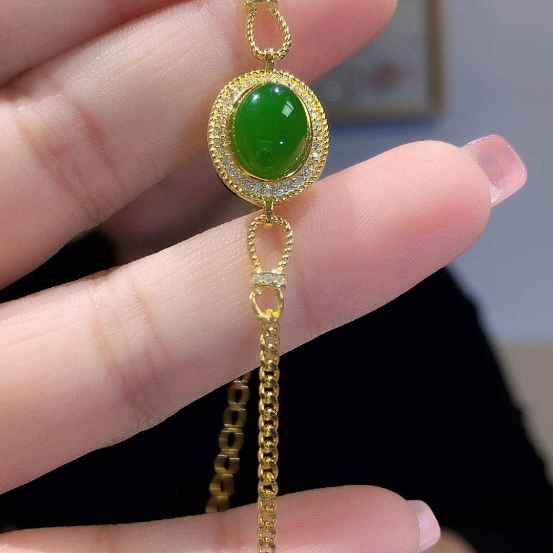 和田玉（碧玉）手链银S925镀金镶嵌